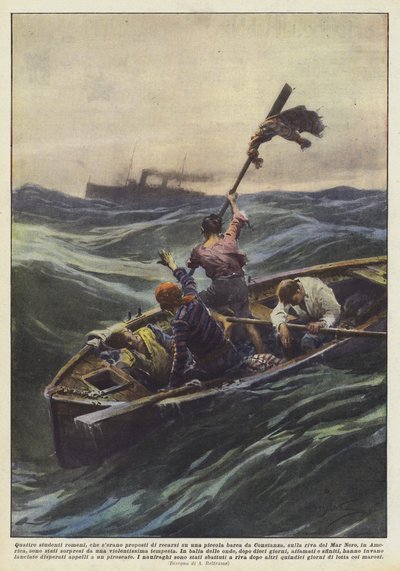 Quattro studenti romeni su una piccola barca da Constanza da Achille Beltrame