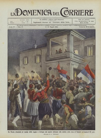 Re Nicola chiamato al verone della reggia a Cettigne dal popolo delirante alla notizia della resa da Achille Beltrame