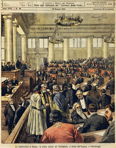 Costituzione russa: prima riunione del Parlamento a San Pietroburgo, da Achille Beltrame, da La Domenica del Corriere, 20 maggio 1906 da Achille Beltrame