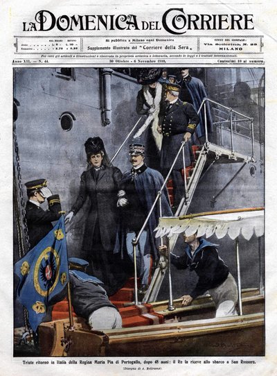 Triste ritorno in Italia della regina Maria Pia di Portogallo dopo 48 anni: il re italiano Vittorio Emanuele III la riceve a San Rossore in Toscana. Illustrazione di Beltrame. La Domenica del Corriere, 6 novembre 1910 da Achille Beltrame