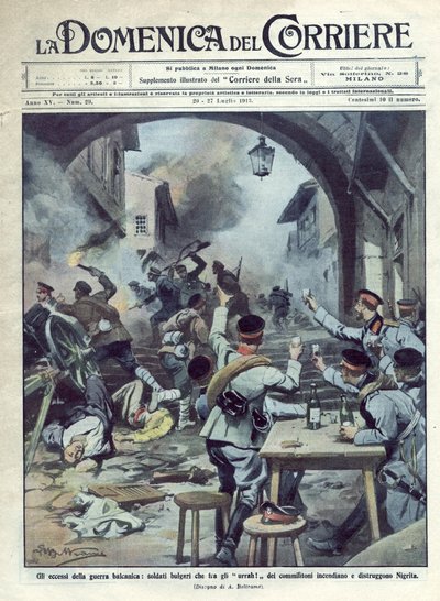 Seconda guerra balcanica (1913) tra Bulgaria, Grecia e Turchia: soldati bulgari incendiano e distruggono Nigrita in Grecia. La Domenica del Corriere. 07/1913. Illustrazione di Beltrame. da Achille Beltrame