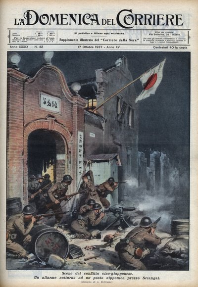 Seconda guerra sino-giapponese (1937-1945): scontri vicino a Shanghai. Illustrazione di Achille Beltrame in 