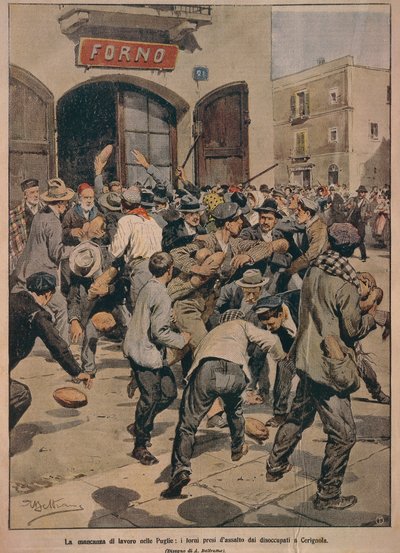 Gravi carenze di lavoro in Puglia, Forni assaliti dai disoccupati di Cerignola, di Achille Beltrame, illustrazione, Illustratore Achille Beltrame (1871-1945), da La Domenica del Corriere, 20 dicembre 1908 da Achille Beltrame