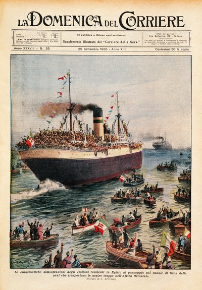 Navi che trasportano truppe italiane in Africa orientale attraversano il Canale di Suez, illustrazione da La Domenica del Corriere, 20 ottobre da Achille Beltrame