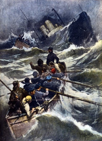 Naufragio vicino a Piombino in Italia. "La Domenica del Corriere", illustrazione di Beltrame. 1910 da Achille Beltrame