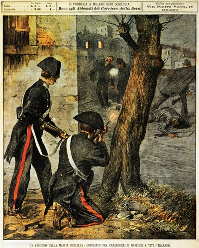 Evento della mafia siciliana, scontri tra carabinieri e mafiosi a Trapani, di Achille Beltrame, illustrazione, da La Domenica del Corriere, 31 dicembre 1899 da Achille Beltrame