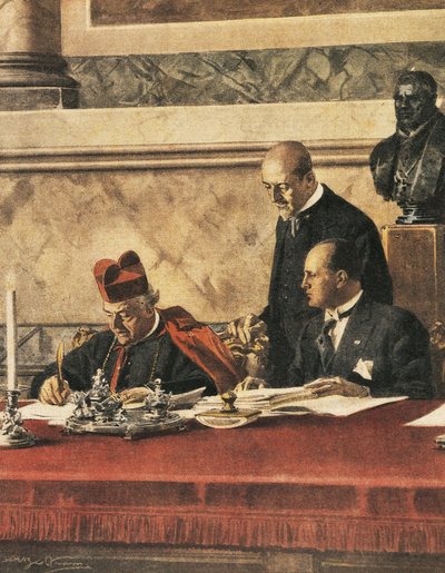 Firma del Trattato del Laterano tra il cardinale P. Gasparri e B. Mussolini da Achille Beltrame
