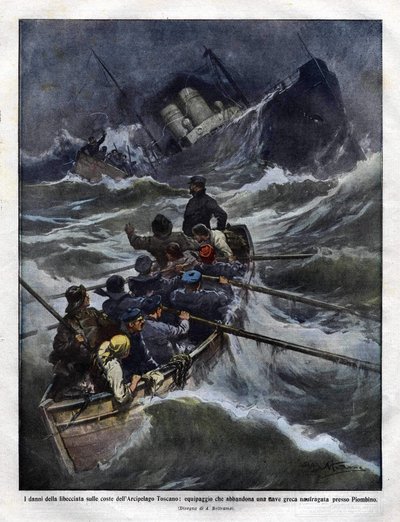 Affondamento di una barca italiana al largo della Toscana nel 1910. illustrazione di Achille Beltrame da Achille Beltrame