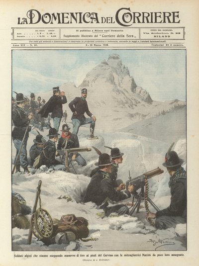 Soldati alpini che stanno eseguendo manovre di tiro ai piedi del Cervino con le mitragliatrici da Achille Beltrame