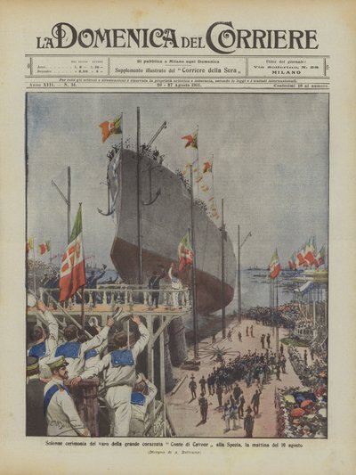 Solenne cerimonia del varo della grande corazzata Conte di Cavour alla Spezia, la mattina del 10 agosto da Achille Beltrame