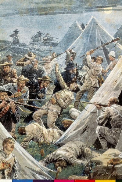 Sudafrica. Seconda guerra boera. Attacco al campo inglese di Tweefontein (1902). Illustrazione di Achille Beltrame. Incisione. da Achille Beltrame