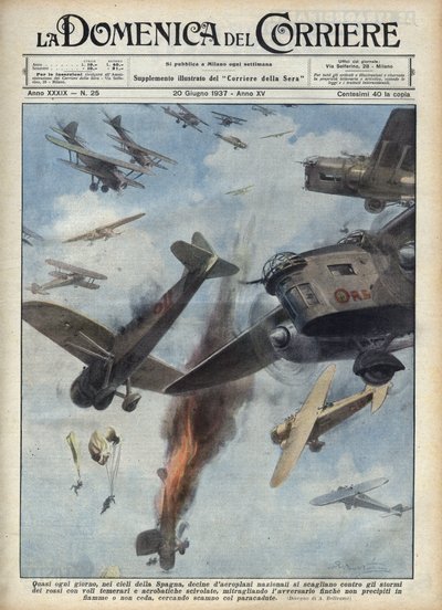 Guerra civile spagnola: scontri aerei tra aerei repubblicani e nazionalisti sulla Spagna in guerra. Illustrazione di Achille Beltrame in 