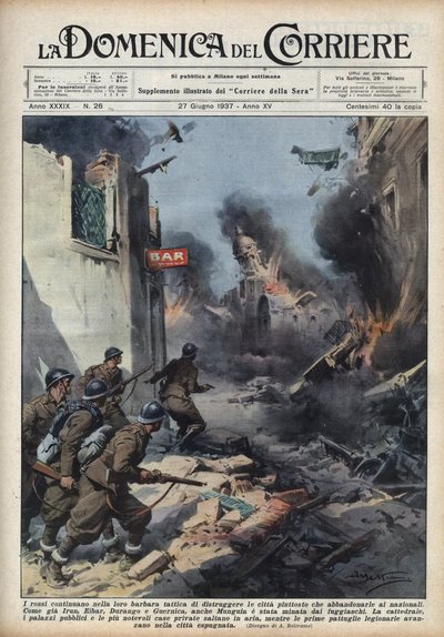 Guerra civile spagnola: scontri nelle strade delle città basche, con i repubblicani che distruggono tutto piuttosto che lasciare le città ai nazionalisti. Illustrazione di Achille Beltrame in 