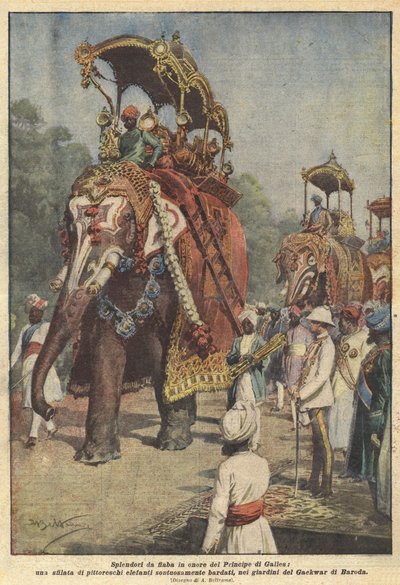 Splendori da fiaba in onore del Principe di Galles, una sfilata di pittoreschi elefanti da Achille Beltrame