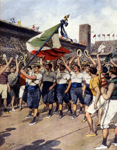 I Giochi Olimpici di Stoccolma del 1912: la squadra italiana di ginnastica vincitrice. Illustrazione di A. Beltrame. La Domenica del Corriere da Achille Beltrame