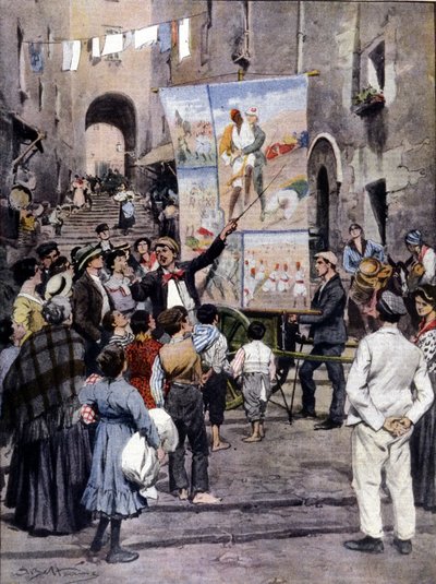 La poesia della guerra: le ultime canzoni popolari ispirate alla guerra di Libia sono cantate per le strade di Napoli da artisti di strada. Illustrazione di Beltrame. La Domenica del Corriere. 1912 da Achille Beltrame