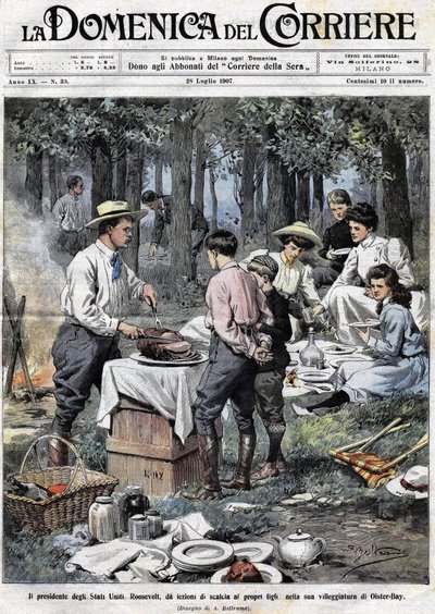 Il presidente degli Stati Uniti Theodore Roosevelt (1858 - 1919) insegnava ai suoi figli i doveri di un uomo di buona società tagliandosi una gamba durante un picnic nella sua seconda residenza a Oister Bay. Illustrazione di Achille Beltrame. La Domenica d da Achille Beltrame