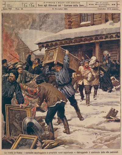 La Rivoluzione Russa: Contadini che saccheggiano le proprietà dei ricchi rurali, da La Domenica del Corriere, dicembre 1905 da Achille Beltrame