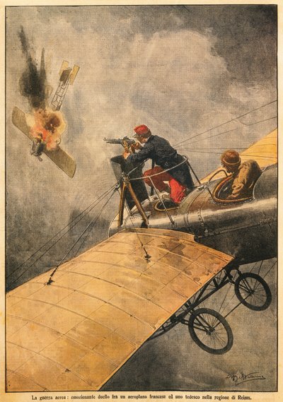 La guerra in aria: duello tra aereo francese e tedesco nel cielo sopra Reims, di Achille Beltrame, da La Domenica del Corriere, 25 ottobre 1914 da Achille Beltrame