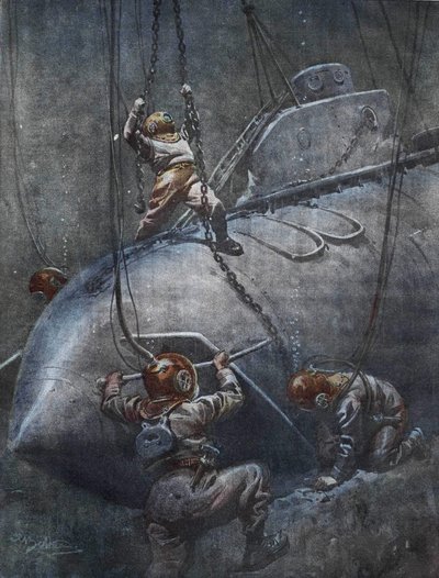 La catastrofe del sottomarino francese "Pluviose" nel 1910. Gli scafandri cercano di fissare le catene per sollevarlo. Illustrazione di Achille Beltrame. da Achille Beltrame