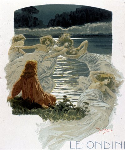 I personaggi delle ondine, giovani ninfe delle acque della mitologia germanica. Illustrazione di A. Beltrame da Achille Beltrame