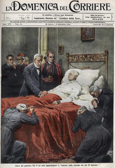 La morte di Papa Pio X nel 1914. Copertina della Domenica del Corriere del 30 agosto da Achille Beltrame