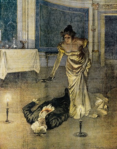 La morte di Scarpia alla fine del II atto di Tosca di Giacomo Puccini, tavola di Achille Beltrame, La Domenica del Corriere, 4 febbraio da Achille Beltrame