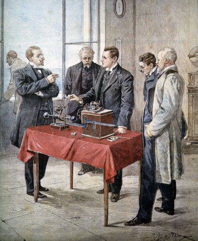Le esperienze di Guglielmo Marconi (1874 - 1937) nel 1899: Telegrafia senza fili attraverso il Canale. Illustrazione di Achille Beltrame in "Domenica del Corriere" da Achille Beltrame