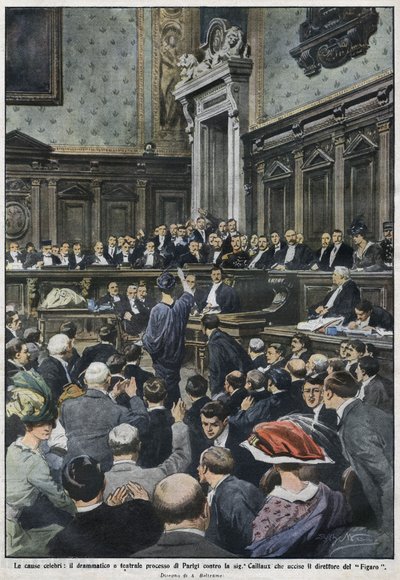 Il grande processo: il grande processo a Parigi di Madame Caillaux che ha ucciso il direttore del Figaro. "La Domenica del Corriere", 22-29 novembre 1914. da Achille Beltrame