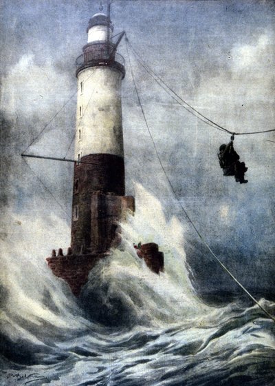 Il guardiano del faro di Amen, sulla costa francese, è rimasto isolato dalla terraferma per 53 giorni a causa delle cattive condizioni meteorologiche. È riuscito, grazie a un pericoloso viaggio acrobatico, a tornare a terra. Illustrazione di A. Beltrame. L da Achille Beltrame