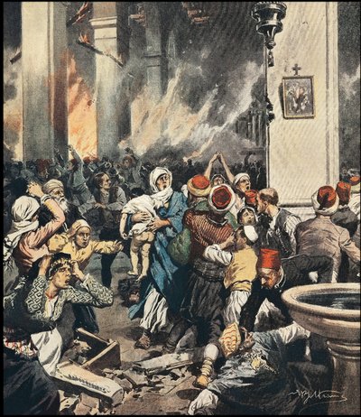 I massacri degli armeni in Turchia nel 1909 ad Adana, illustrazione di Achille Beltrame (1871-1945) in "La Domenica del Corriere" del maggio 1909 da Achille Beltrame
