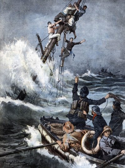La squadra di soccorso riportò in salvo i marinai di un piroscafo naufragato dopo 40 ore appollaiati sugli alberi della nave che affondava. Ill. di Beltrame. La Domenica del Corriere. 08/1909. da Achille Beltrame
