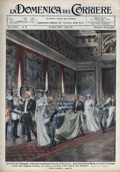 La coppia reale, Vittorio Emanuele III (1869-1947) e sua moglie Elena del Montenegro seguiti dal principe Umberto II e Maria José vanno alla Cappella Paolina. Illustrazione di Achille Beltrame in 