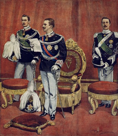 Il giuramento del re Vittorio Emanuele III nella Camera del Senato a Roma, di Achille Beltrame, da La Domenica del Corriere da Achille Beltrame