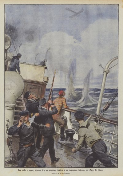 Tra cielo e mare, scontro fra un piroscafo inglese e un aeroplano tedesco, nel Mare del Nord da Achille Beltrame