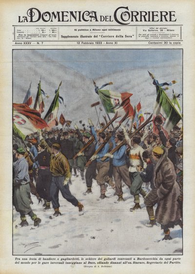 Tra una festa di bandiere e gagliardetti, le schiere dei goliardi convenuti a Bardonecchia da Achille Beltrame