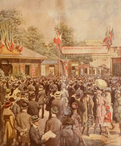 Fiera commerciale a Milano, di Achille Beltrame, illustrazione, da La Domenica del Corriere, 24 aprile 1921 da Achille Beltrame
