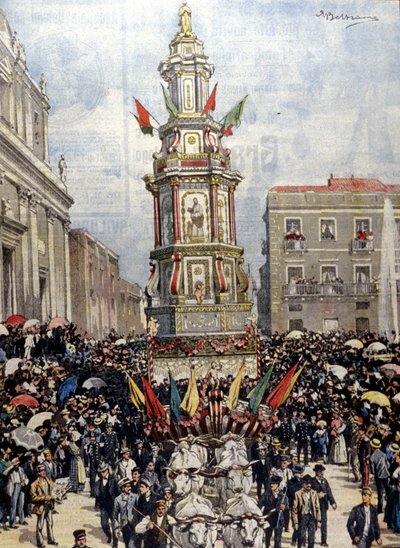 Festa tradizionale siciliana: un carro in processione a Casteltermini (Girgenti). Ill. di Beltrame. La Domenica del Corriere. 1904. da Achille Beltrame
