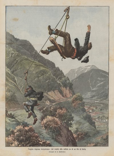 Tragica impresa fanciullesca, dal monte alla vallata su di un filo di ferro da Achille Beltrame