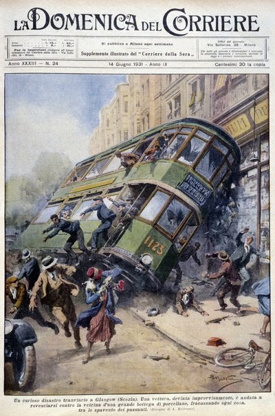 Incidente del tram a Glasgow, Scozia: una delle vetture si è rovesciata su una vetrina di porcellane e sui passanti - disegno di A. Beltrame, in “La Domenica del Corriere” del 1 febbraio 1931 da Achille Beltrame
