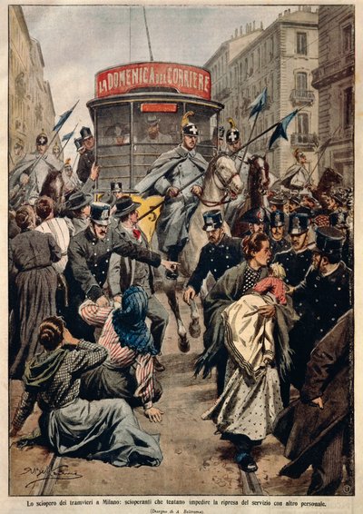 Sciopero dei tram a Milano, di Achille Beltrame, illustrazione, Illustratore Achille Beltrame da Achille Beltrame