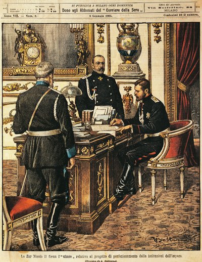 Lo zar Nicola II firma il progetto di riforme istituzionali, di Achille Beltrame, da La Domenica del Corriere, 8 gennaio 1905 da Achille Beltrame