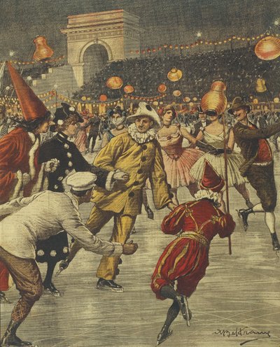 Tipica festa in costume sul ghiaccio ad Aren a Milano, di Achille Beltrame, illustrazione, Illustratore Achille Beltrame (1871-1945), da La Domenica del Corriere da Achille Beltrame