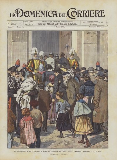 Un banchetto a mille poveri di Roma per il giubileo di Leone XIII, i commensali entrano in Vaticano da Achille Beltrame