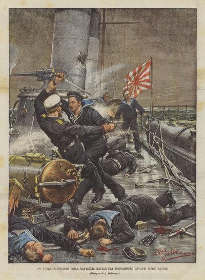 Un terribile episodio della battaglia navale fra torpediniere davanti Porto Arturo da Achille Beltrame