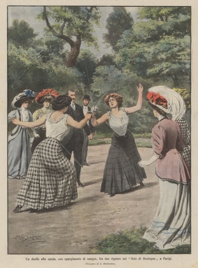 Un duello alla spada, con spargimento di sangue, fra due signore nel Bois di Boulogne a Parigi da Achille Beltrame