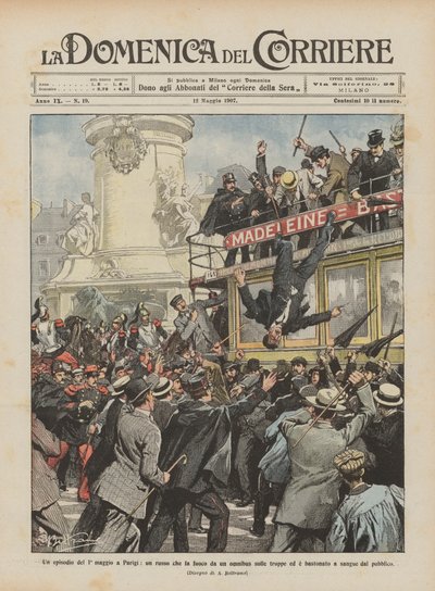 Un episodio del 1º maggio a Parigi, un russo che fa fuoco da un omnibus sulle truppe da Achille Beltrame