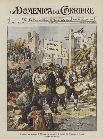 Un episodio del terremoto di Calabria, una processione di affamati che chiede pane e ricovero da Achille Beltrame
