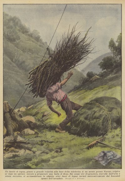 Un fascio di legna, giunto a grande velocità alla base della teleferica di un monte presso Varese da Achille Beltrame
