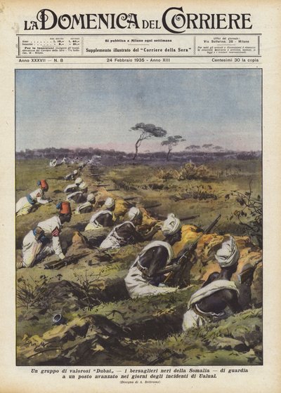 Un gruppo di valorosi Dubat, i bersaglieri neri della Somalia, di guardia a un posto avanzato da Achille Beltrame